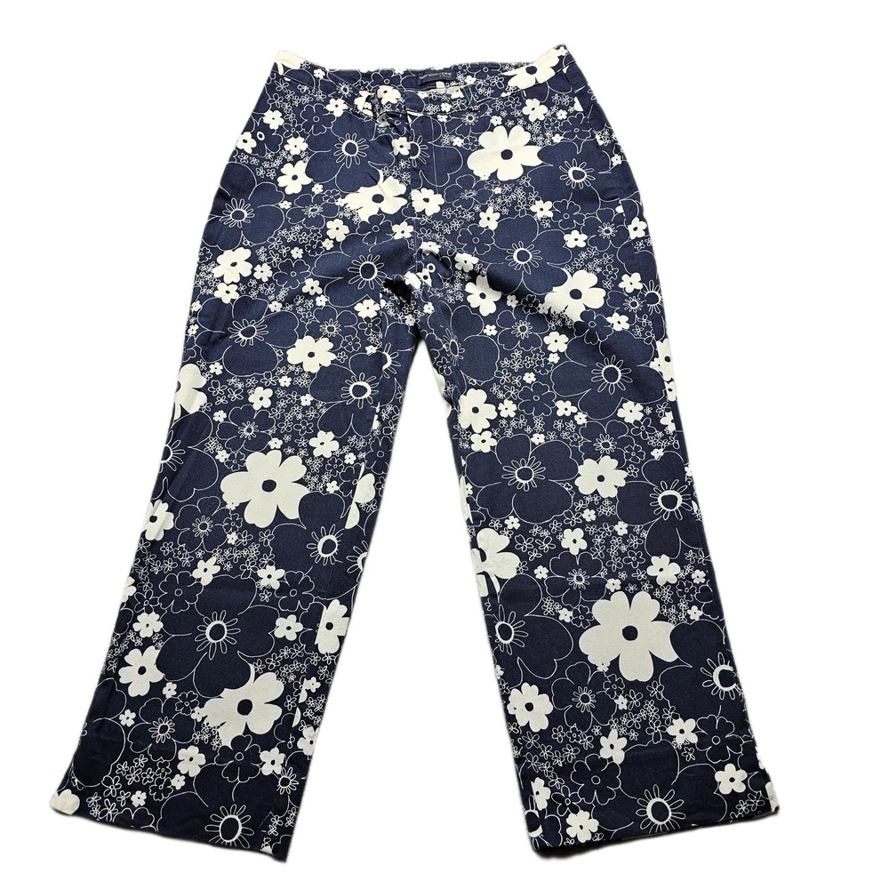Dockers Cropped Pants Womens 8 Blue White Floral Stretch Regular‎ Fit Wide Leg